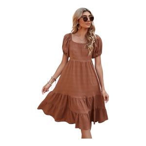 burnt orange/rust brown peasant tiered midi puff sleeve dress shein size large